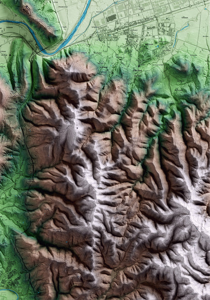 Mapa artístico del relieve de Sant Julià de Ramis, al Gironès, con 15 km de entorno y base topográfica ICGC. Detalle de la zona inferior derecha.
