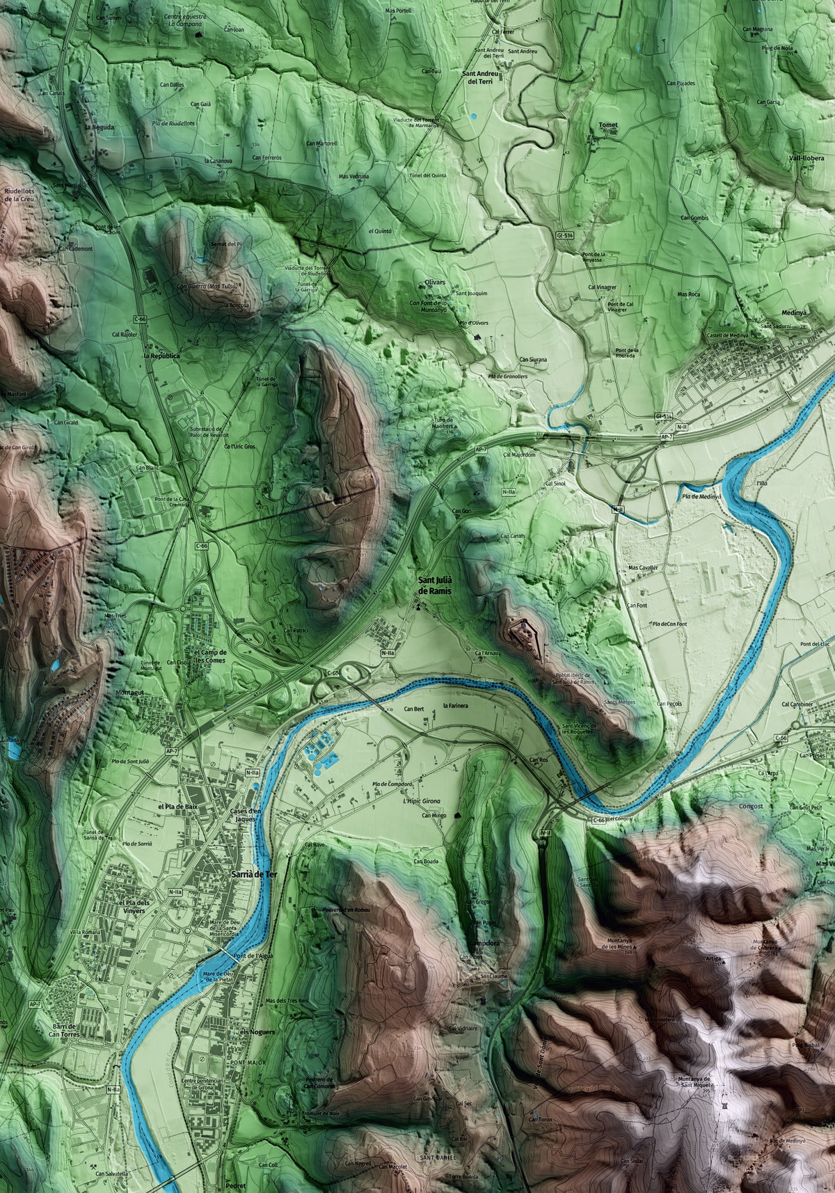 Mapa artístico del relieve de Sant Julià de Ramis, al Gironès, con 15 km de entorno y base topográfica ICGC. Detalle de la zona central.