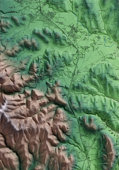 Mapa artístico del relieve de Sant Julià de Ramis, al Gironès, con 15 km de entorno y base topográfica ICGC. Detalle de la zona superior izquierda.