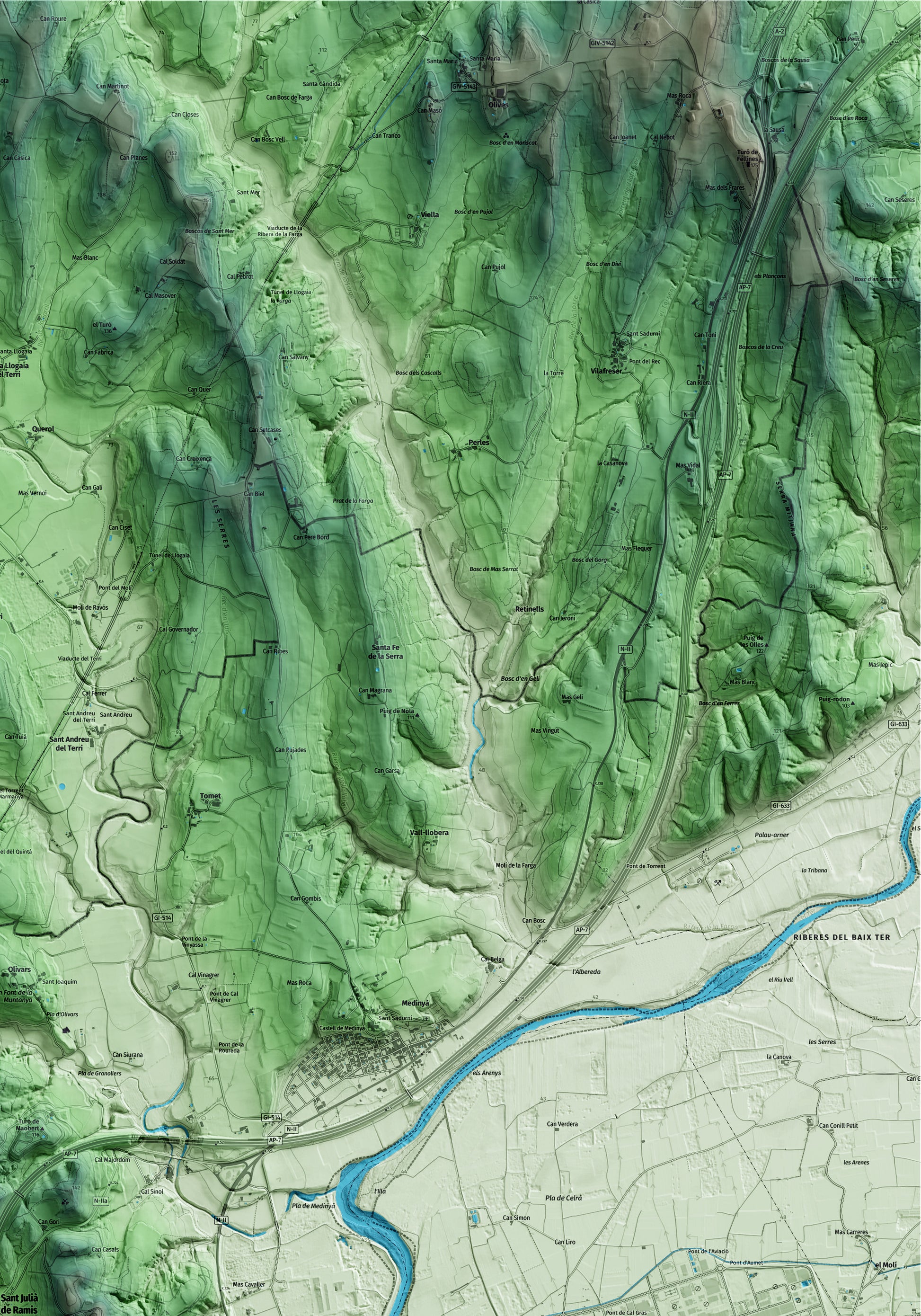 Mapa artístico del relieve de Sant Julià de Ramis, al Gironès, con 15 km de entorno y base topográfica ICGC. Detalle de la zona superior derecha.