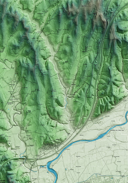 Mapa artístico del relieve de Sant Julià de Ramis, al Gironès, con 15 km de entorno y base topográfica ICGC. Detalle de la zona superior derecha.