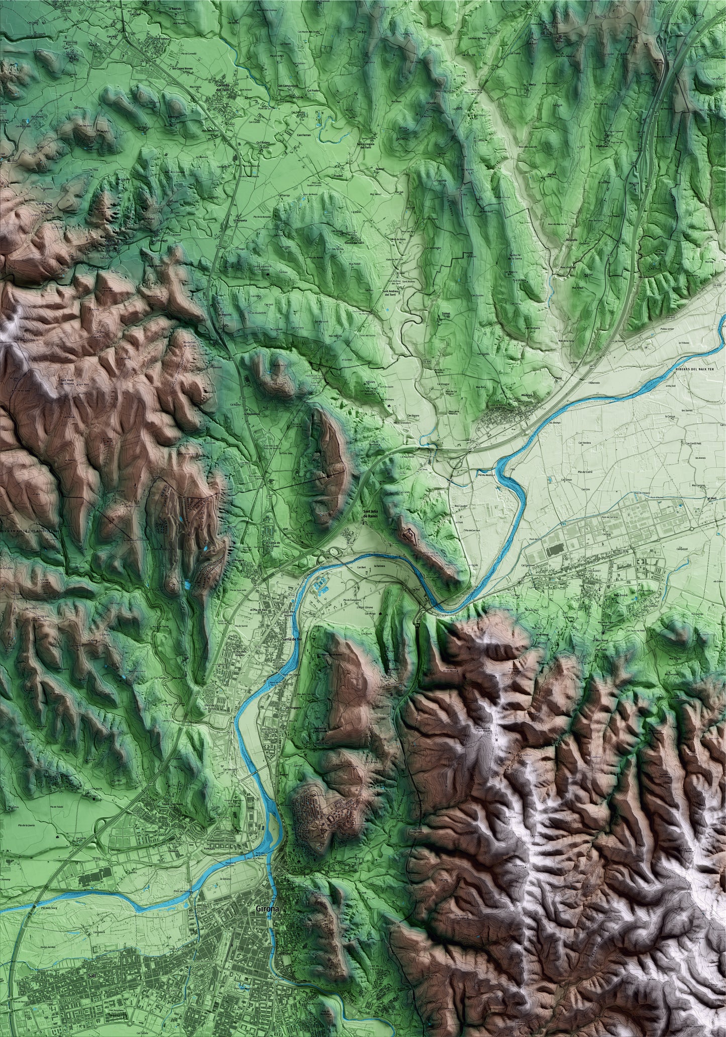 Mapa artístico del relieve de Sant Julià de Ramis, al Gironès, con 15 km de entorno y base topográfica ICGC