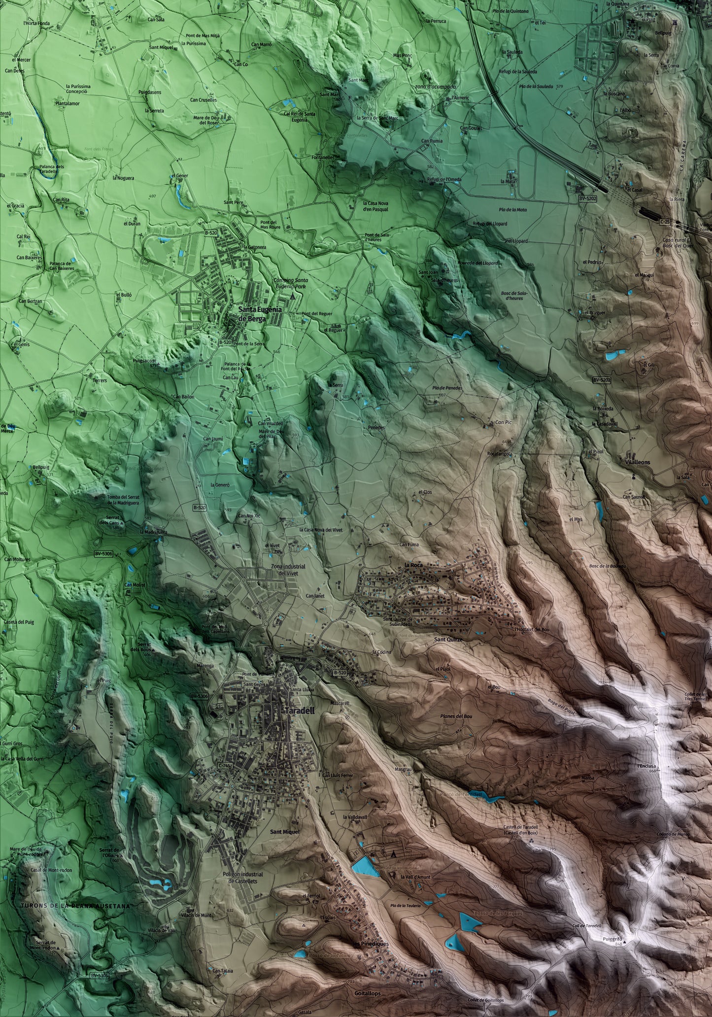Mapa artístico del relieve de Sant Julià de Vilatorta, a Osona, con 15 km de entorno y base topográfica ICGC. Detalle de la zona inferior izquierda.