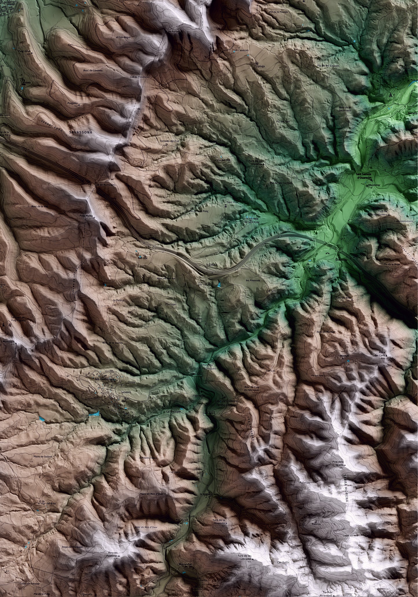 Mapa artístico del relieve de Sant Julià de Vilatorta, a Osona, con 15 km de entorno y base topográfica ICGC. Detalle de la zona inferior derecha.