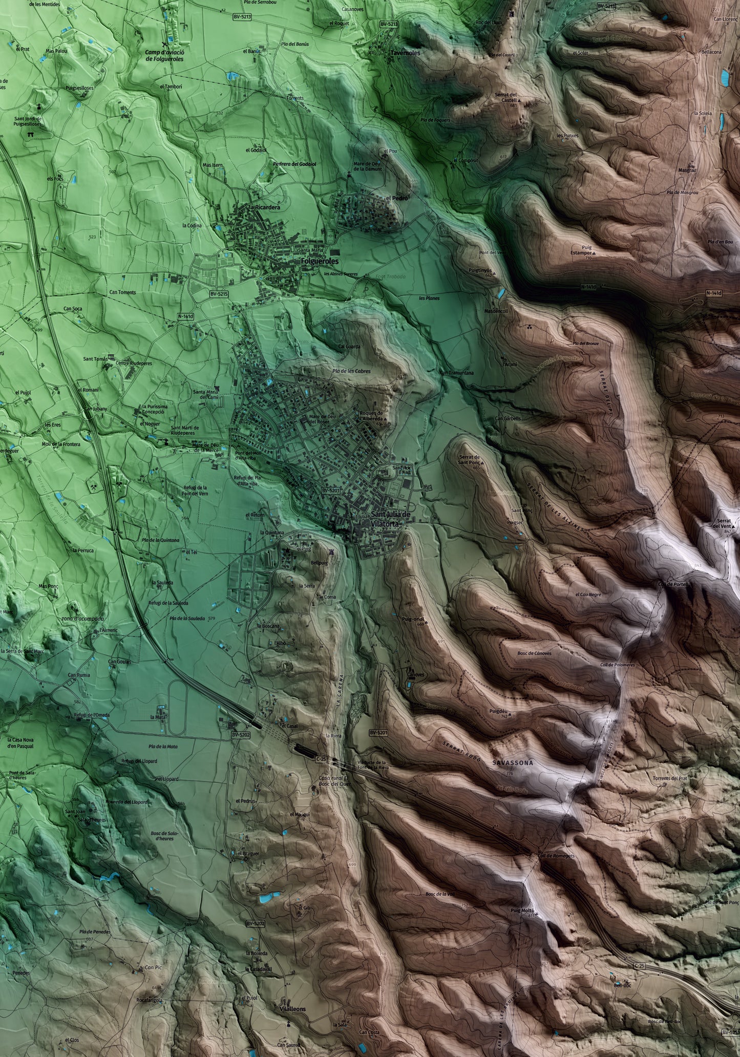 Mapa artístico del relieve de Sant Julià de Vilatorta, a Osona, con 15 km de entorno y base topográfica ICGC. Detalle de la zona central.