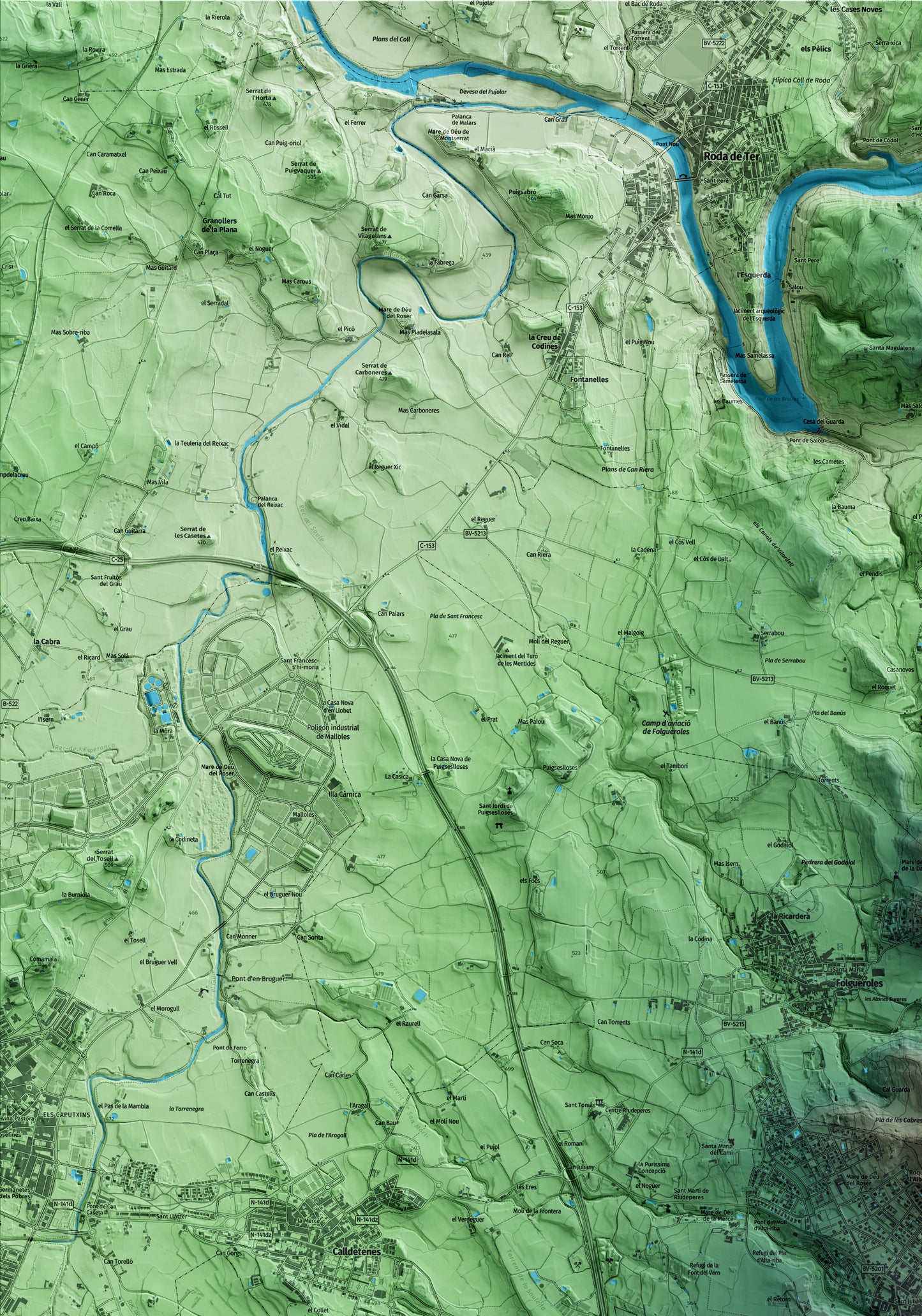 Mapa artístico del relieve de Sant Julià de Vilatorta, a Osona, con 15 km de entorno y base topográfica ICGC. Detalle de la zona superior izquierda.