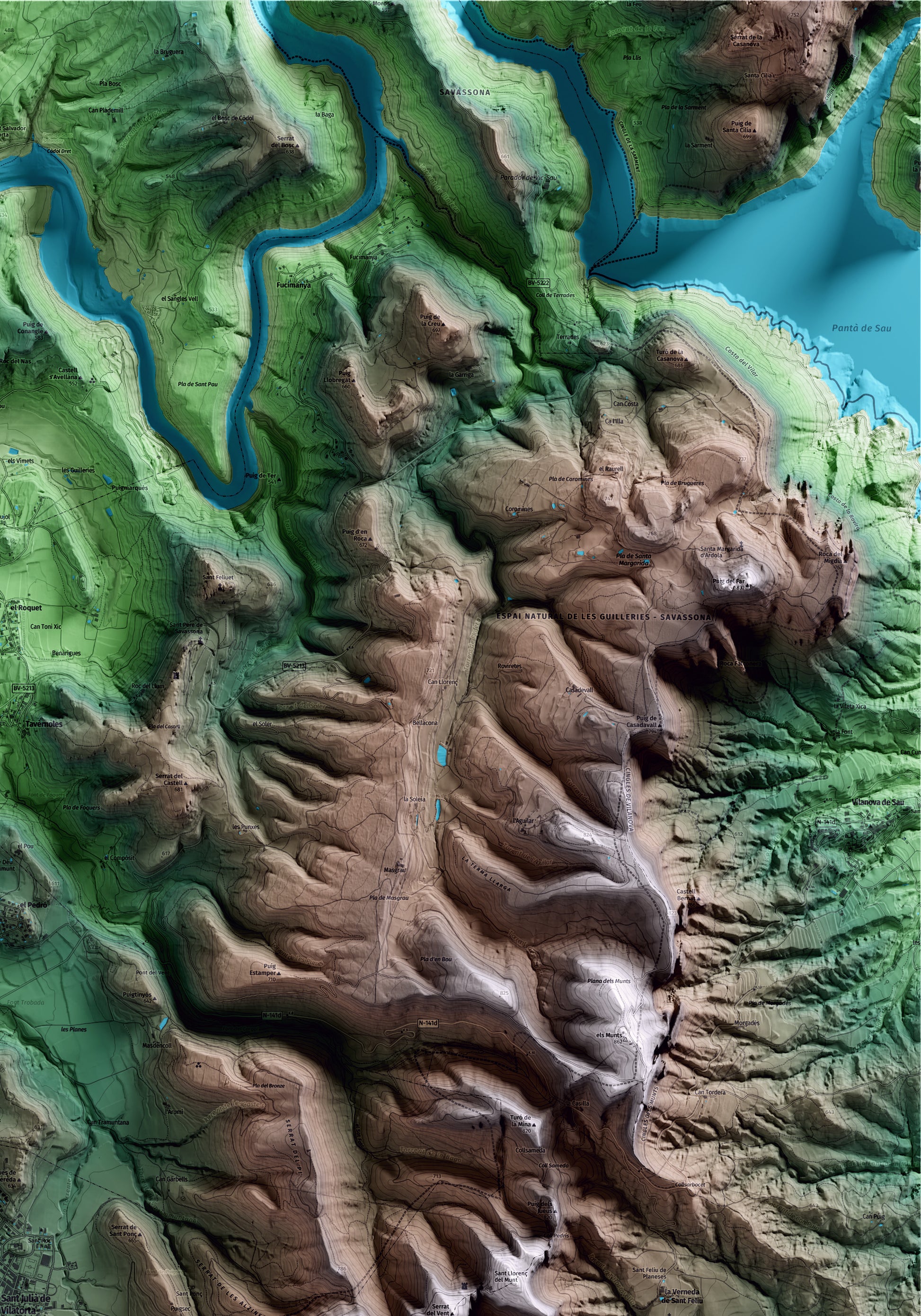 Mapa artístico del relieve de Sant Julià de Vilatorta, a Osona, con 15 km de entorno y base topográfica ICGC. Detalle de la zona superior derecha.