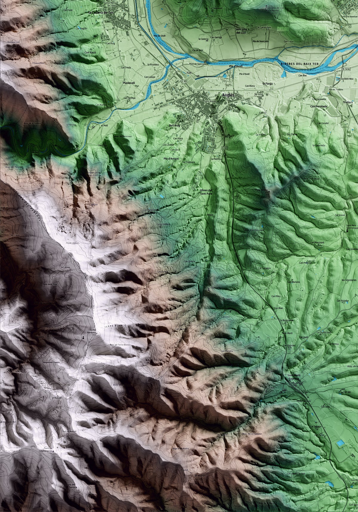 Mapa artístico del relieve de Sant Julià del Llor i Bonmatí, a la Selva, con 15 km de entorno y base topográfica ICGC. Detalle de la zona inferior izquierda.