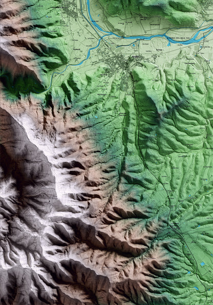 Mapa artístico del relieve de Sant Julià del Llor i Bonmatí, a la Selva, con 15 km de entorno y base topográfica ICGC. Detalle de la zona inferior izquierda.