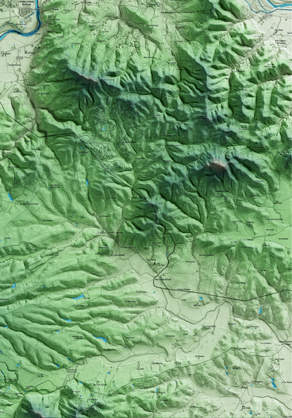 Mapa artístico del relieve de Sant Julià del Llor i Bonmatí, a la Selva, con 15 km de entorno y base topográfica ICGC. Detalle de la zona inferior derecha.