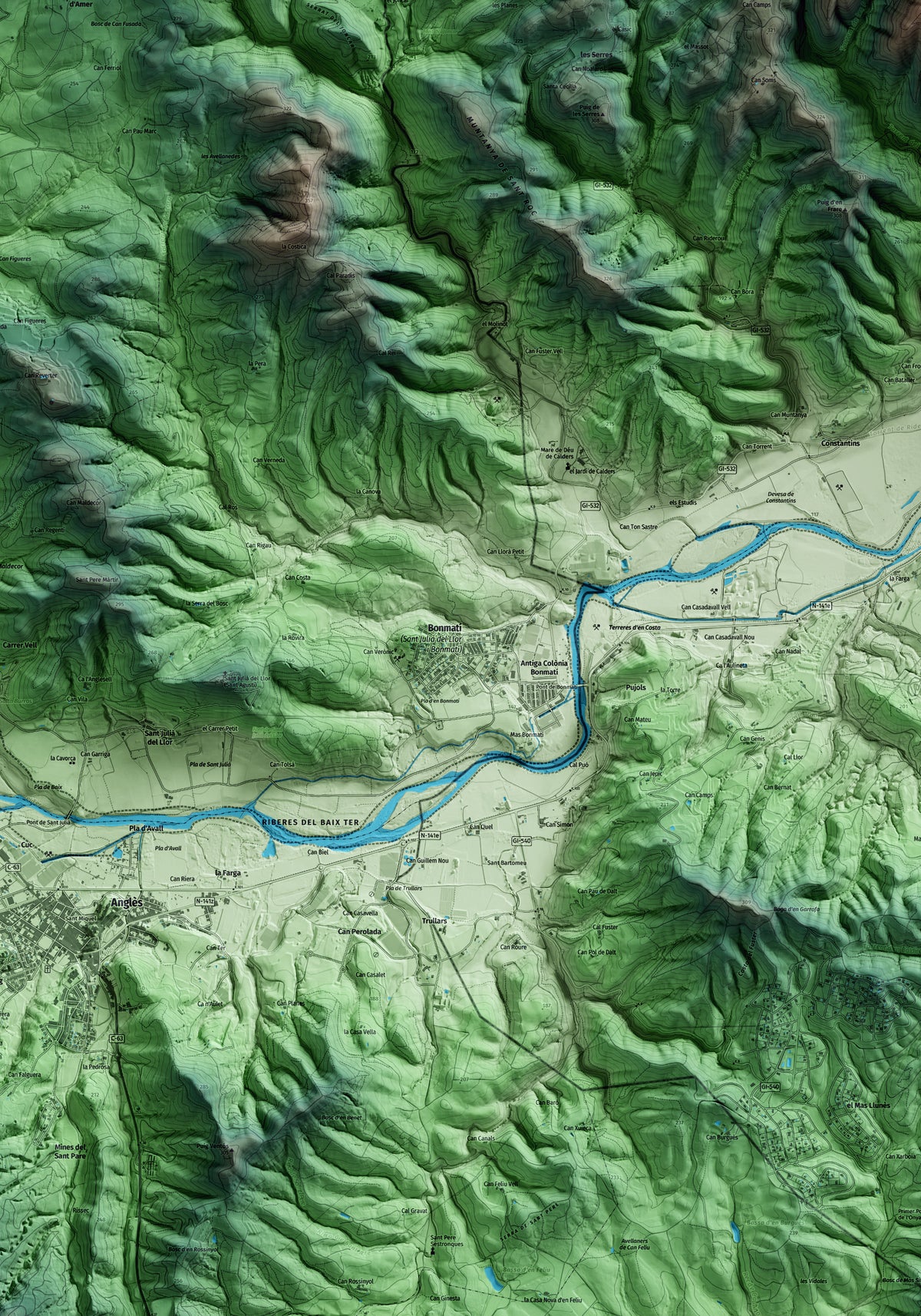 Mapa artístico del relieve de Sant Julià del Llor i Bonmatí, a la Selva, con 15 km de entorno y base topográfica ICGC. Detalle de la zona central.