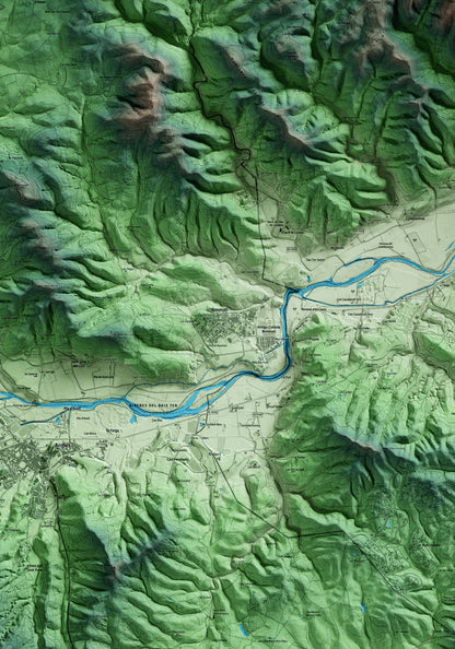 Mapa artístico del relieve de Sant Julià del Llor i Bonmatí, a la Selva, con 15 km de entorno y base topográfica ICGC. Detalle de la zona central.