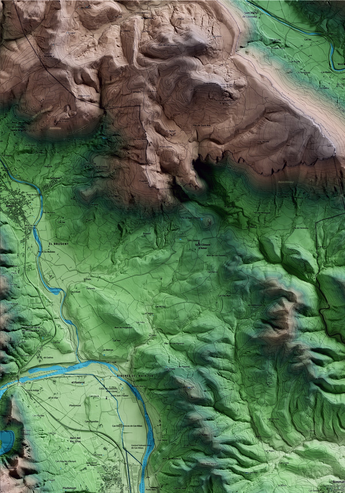 Mapa artístico del relieve de Sant Julià del Llor i Bonmatí, a la Selva, con 15 km de entorno y base topográfica ICGC. Detalle de la zona superior izquierda.