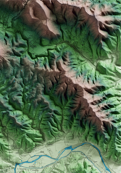 Mapa artístico del relieve de Sant Julià del Llor i Bonmatí, a la Selva, con 15 km de entorno y base topográfica ICGC. Detalle de la zona superior derecha.