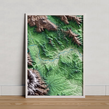 Mapa artístico del relieve de Sant Julià del Llor i Bonmatí, a la Selva, con 15 km de entorno y base topográfica ICGC. Presentación enmarcada.