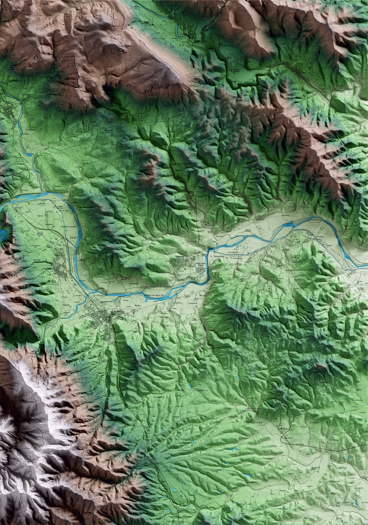 Mapa artístico del relieve de Sant Julià del Llor i Bonmatí, a la Selva, con 15 km de entorno y base topográfica ICGC