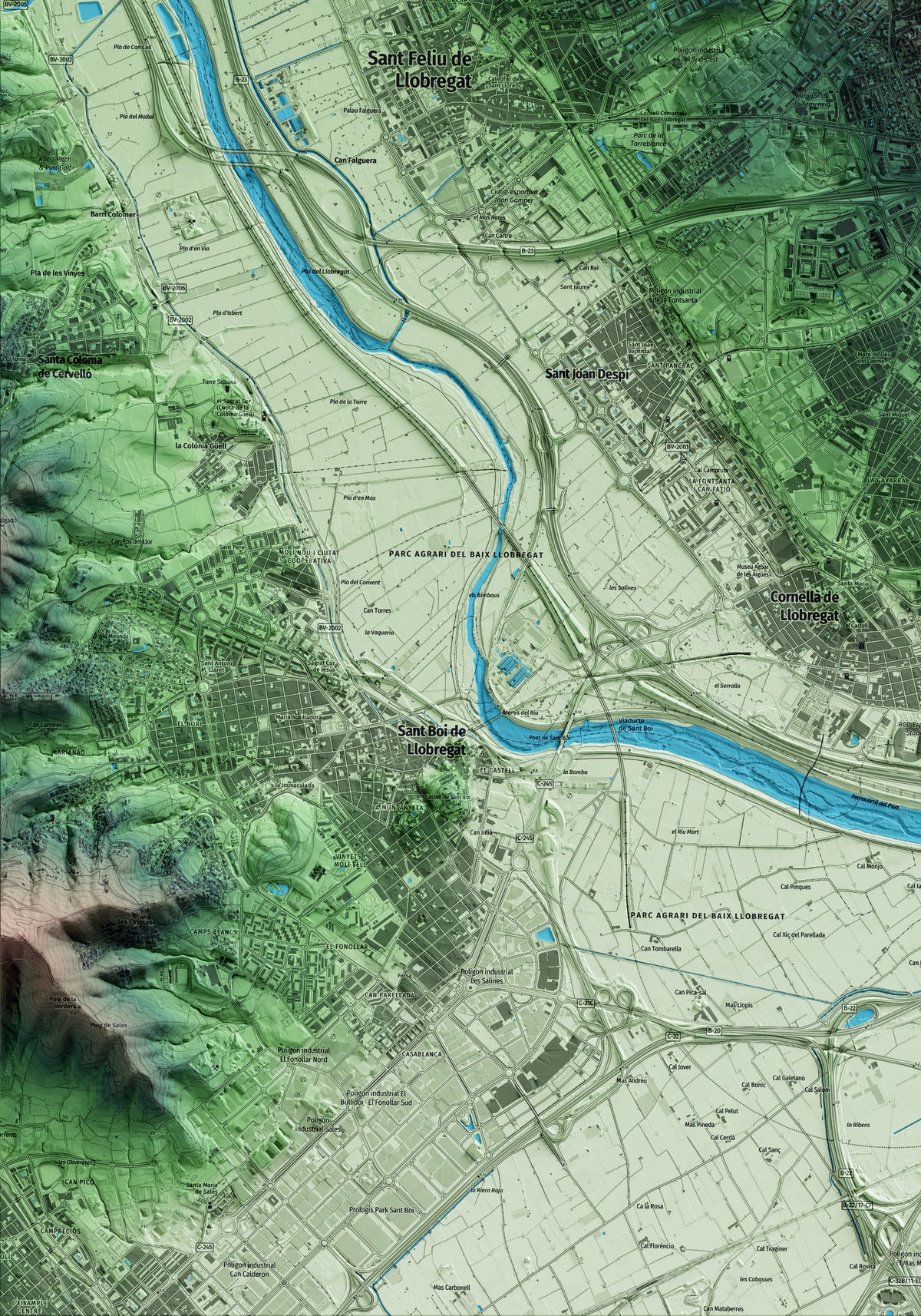 Mapa artístico del relieve de Sant Just Desvern, al Baix Llobregat, con 15 km de entorno y base topográfica ICGC. Detalle de la zona inferior izquierda.