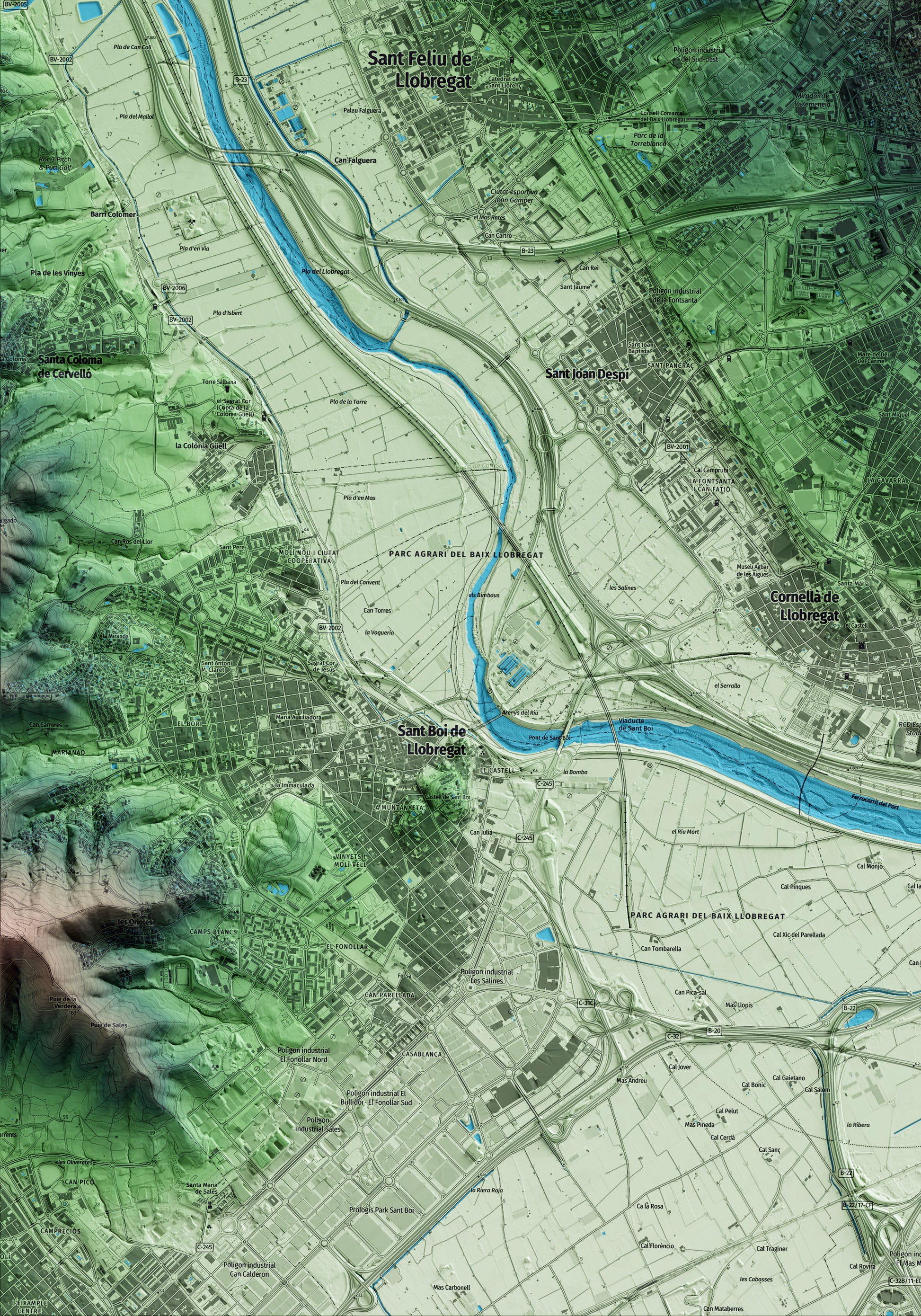 Mapa artístico del relieve de Sant Just Desvern, al Baix Llobregat, con 15 km de entorno y base topográfica ICGC. Detalle de la zona inferior izquierda.