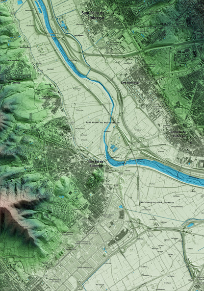 Mapa artístico del relieve de Sant Just Desvern, al Baix Llobregat, con 15 km de entorno y base topográfica ICGC. Detalle de la zona inferior izquierda.