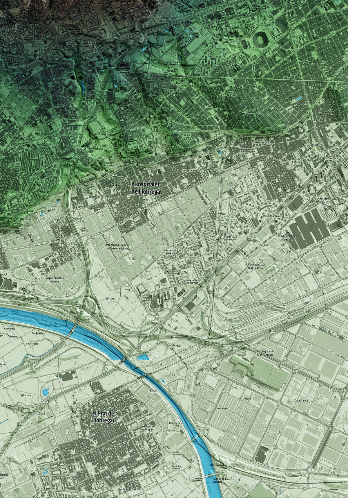 Mapa artístico del relieve de Sant Just Desvern, al Baix Llobregat, con 15 km de entorno y base topográfica ICGC. Detalle de la zona inferior derecha.