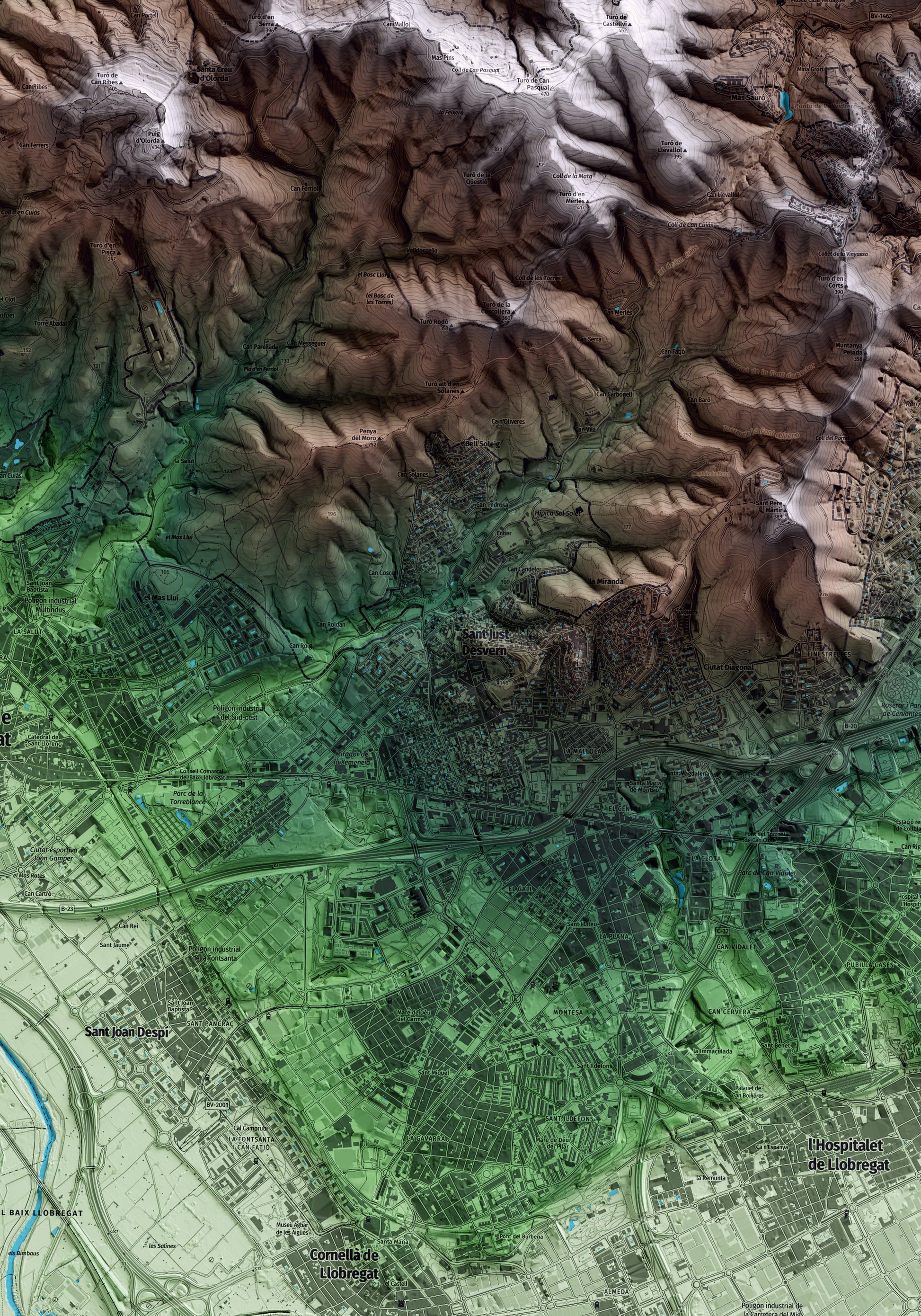 Mapa artístico del relieve de Sant Just Desvern, al Baix Llobregat, con 15 km de entorno y base topográfica ICGC. Detalle de la zona central.