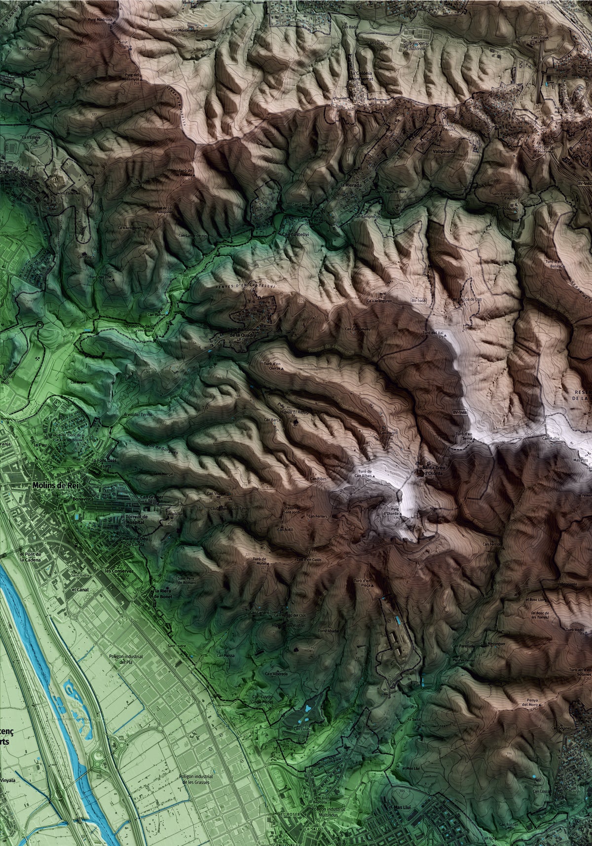 Mapa artístico del relieve de Sant Just Desvern, al Baix Llobregat, con 15 km de entorno y base topográfica ICGC. Detalle de la zona superior izquierda.