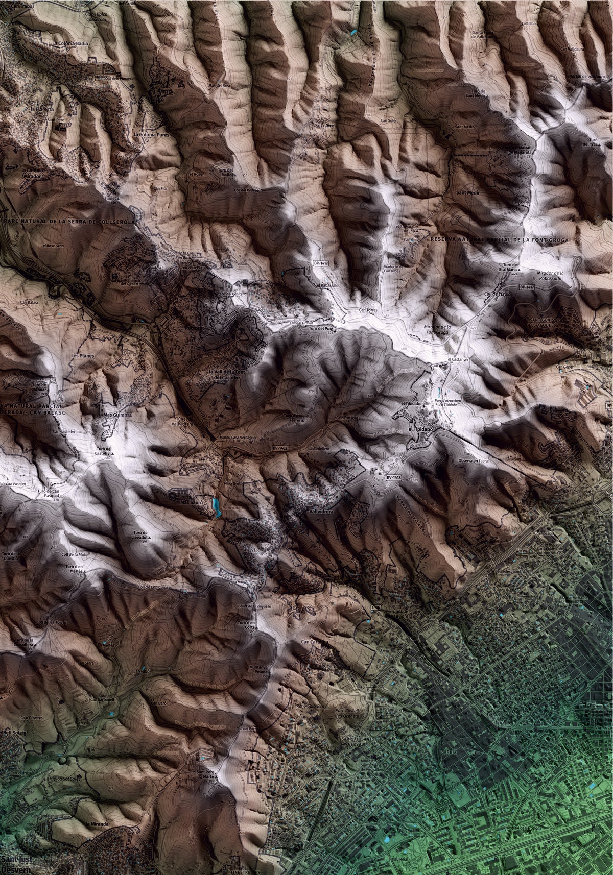 Mapa artístico del relieve de Sant Just Desvern, al Baix Llobregat, con 15 km de entorno y base topográfica ICGC. Detalle de la zona superior derecha.
