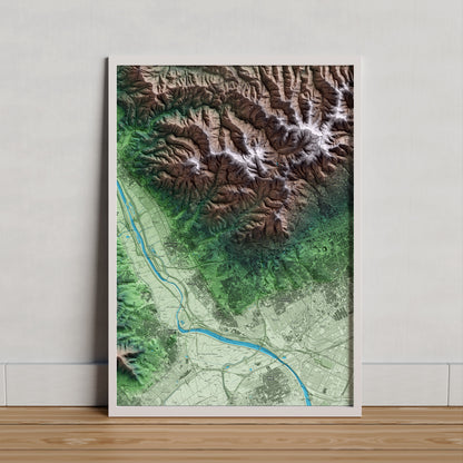Mapa artístico del relieve de Sant Just Desvern, al Baix Llobregat, con 15 km de entorno y base topográfica ICGC. Presentación enmarcada.