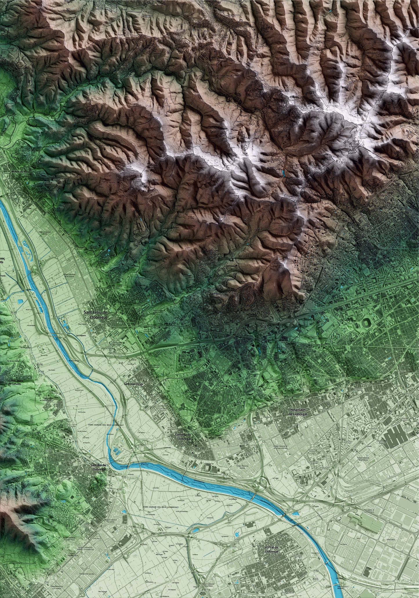 Mapa artístico del relieve de Sant Just Desvern, al Baix Llobregat, con 15 km de entorno y base topográfica ICGC