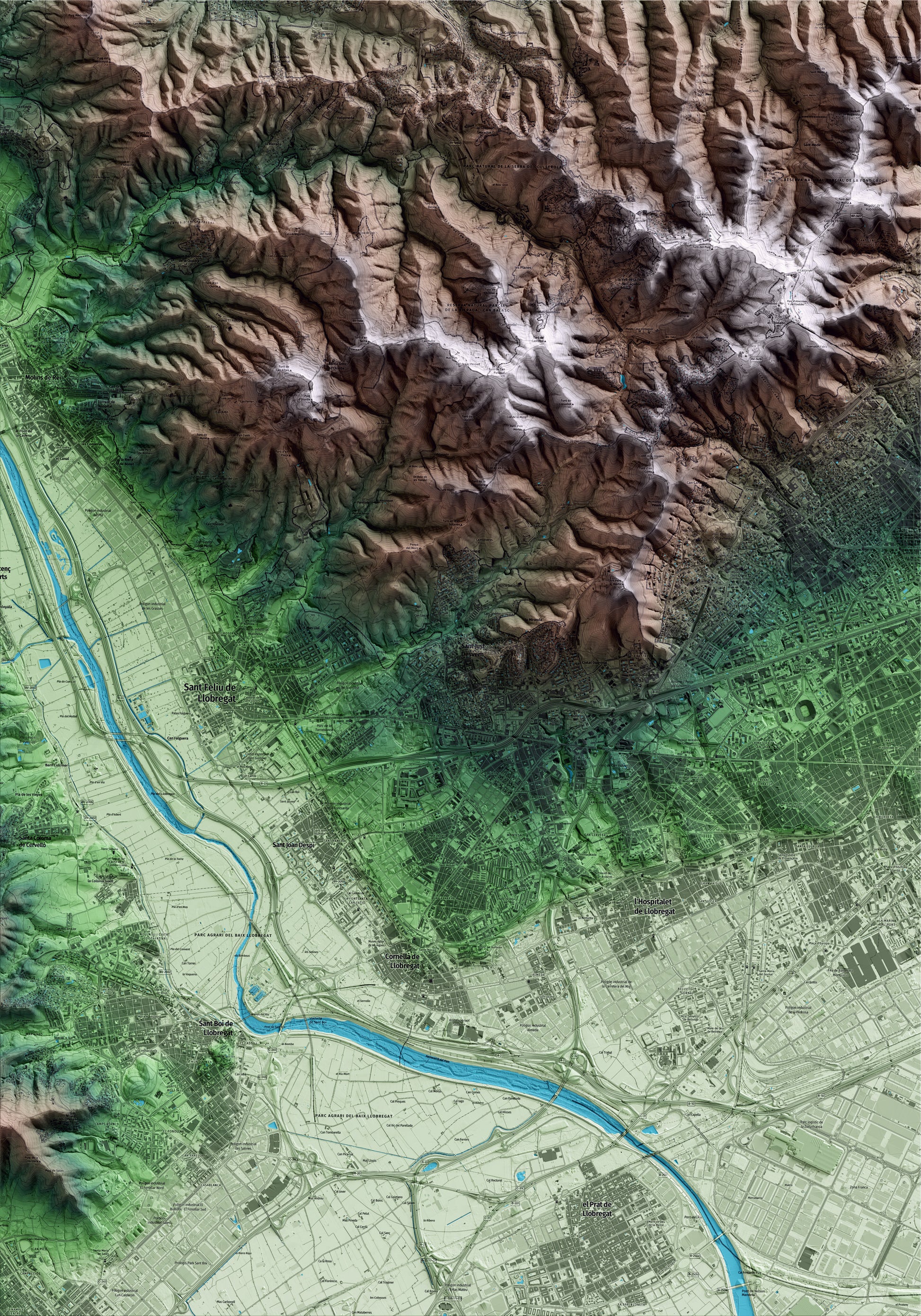 Mapa artístico del relieve de Sant Just Desvern, al Baix Llobregat, con 15 km de entorno y base topográfica ICGC