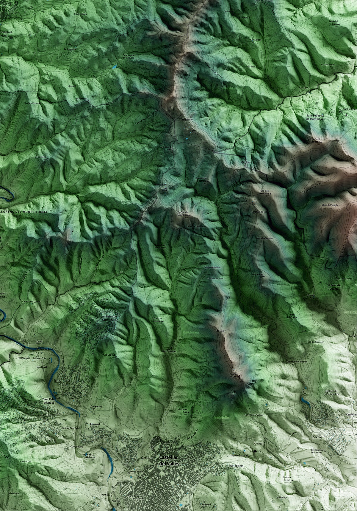 Mapa artístico del relieve de Sant Llorenç Savall, al Vallès Occidental, con 15 km de entorno y base topográfica ICGC. Detalle de la zona inferior derecha.