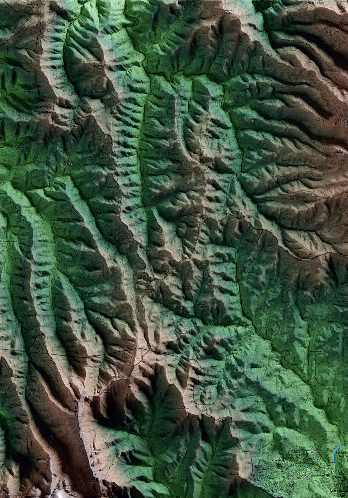 Mapa artístico del relieve de Sant Llorenç Savall, al Vallès Occidental, con 15 km de entorno y base topográfica ICGC. Detalle de la zona superior izquierda.
