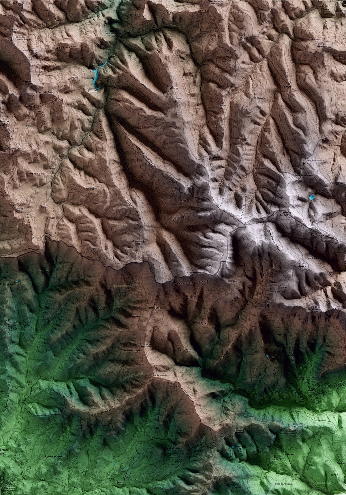 Mapa artístico del relieve de Sant Llorenç Savall, al Vallès Occidental, con 15 km de entorno y base topográfica ICGC. Detalle de la zona superior derecha.