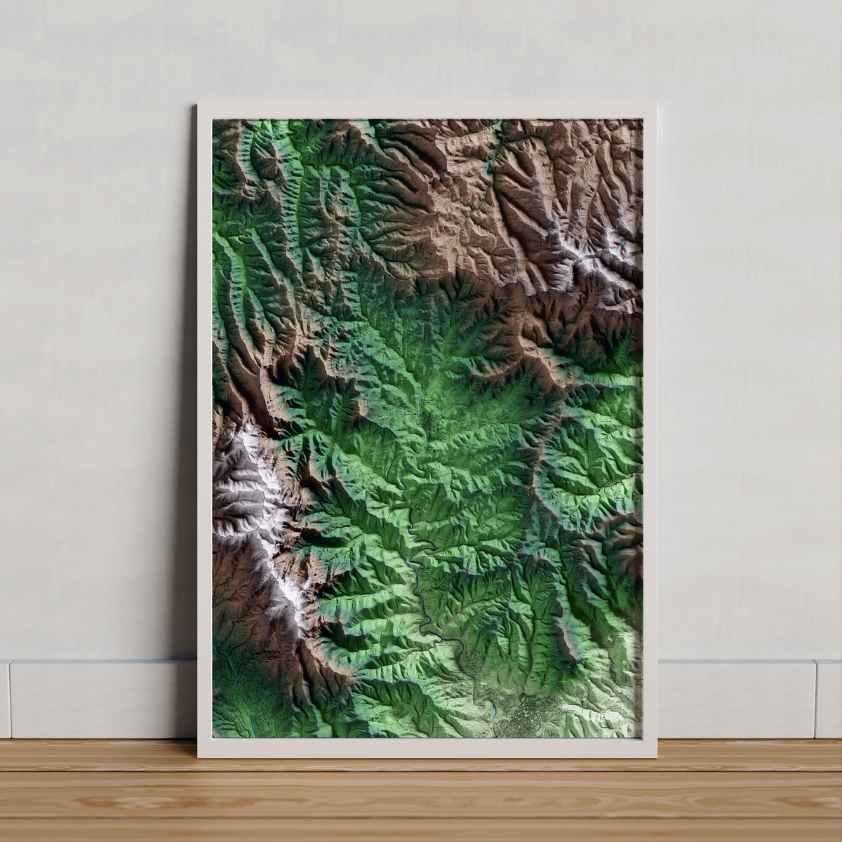 Mapa artístico del relieve de Sant Llorenç Savall, al Vallès Occidental, con 15 km de entorno y base topográfica ICGC. Presentación enmarcada.