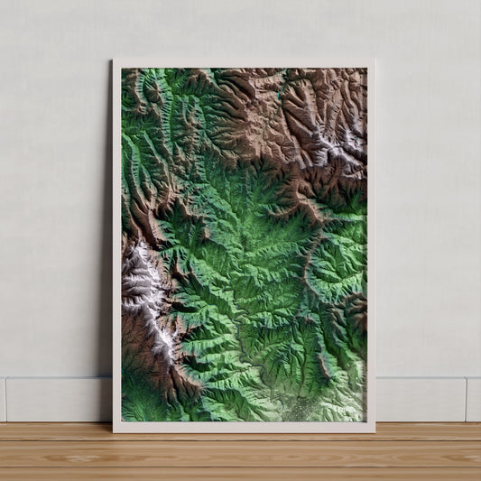 Mapa artístico del relieve de Sant Llorenç Savall, al Vallès Occidental, con 15 km de entorno y base topográfica ICGC. Presentación enmarcada.
