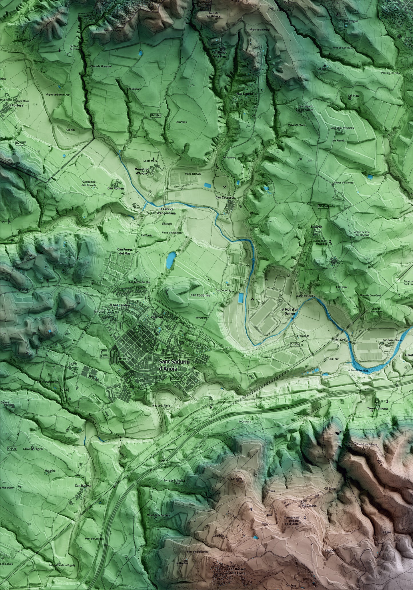Mapa artístico del relieve de Sant Llorenç d'Hortons, al Alt Penedès, con 15 km de entorno y base topográfica ICGC. Detalle de la zona inferior izquierda.