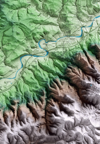 Mapa artístico del relieve de Sant Llorenç d'Hortons, al Alt Penedès, con 15 km de entorno y base topográfica ICGC. Detalle de la zona inferior derecha.