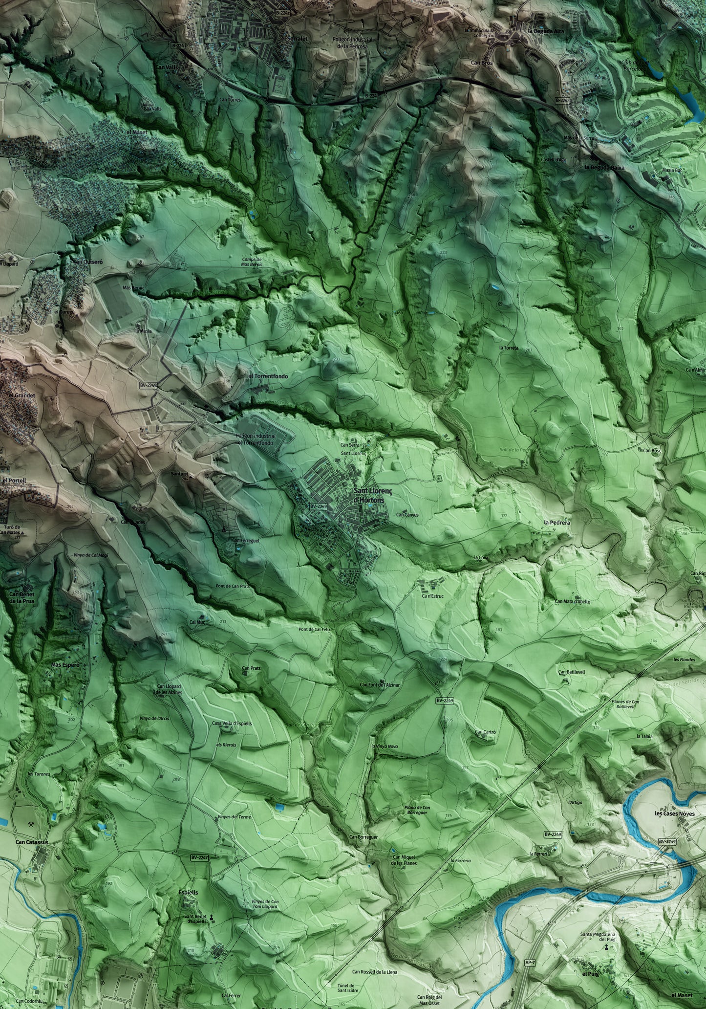 Mapa artístico del relieve de Sant Llorenç d'Hortons, al Alt Penedès, con 15 km de entorno y base topográfica ICGC. Detalle de la zona central.