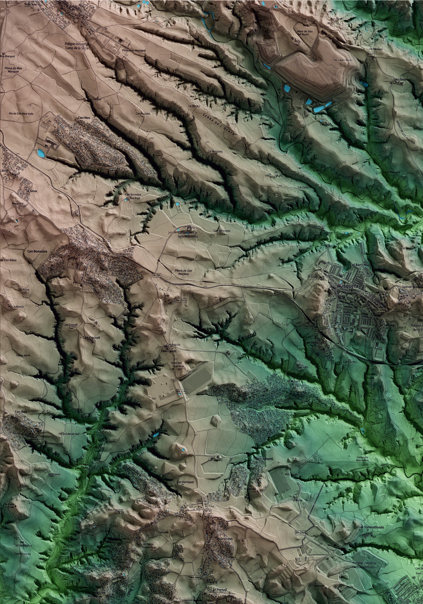 Mapa artístico del relieve de Sant Llorenç d'Hortons, al Alt Penedès, con 15 km de entorno y base topográfica ICGC. Detalle de la zona superior izquierda.