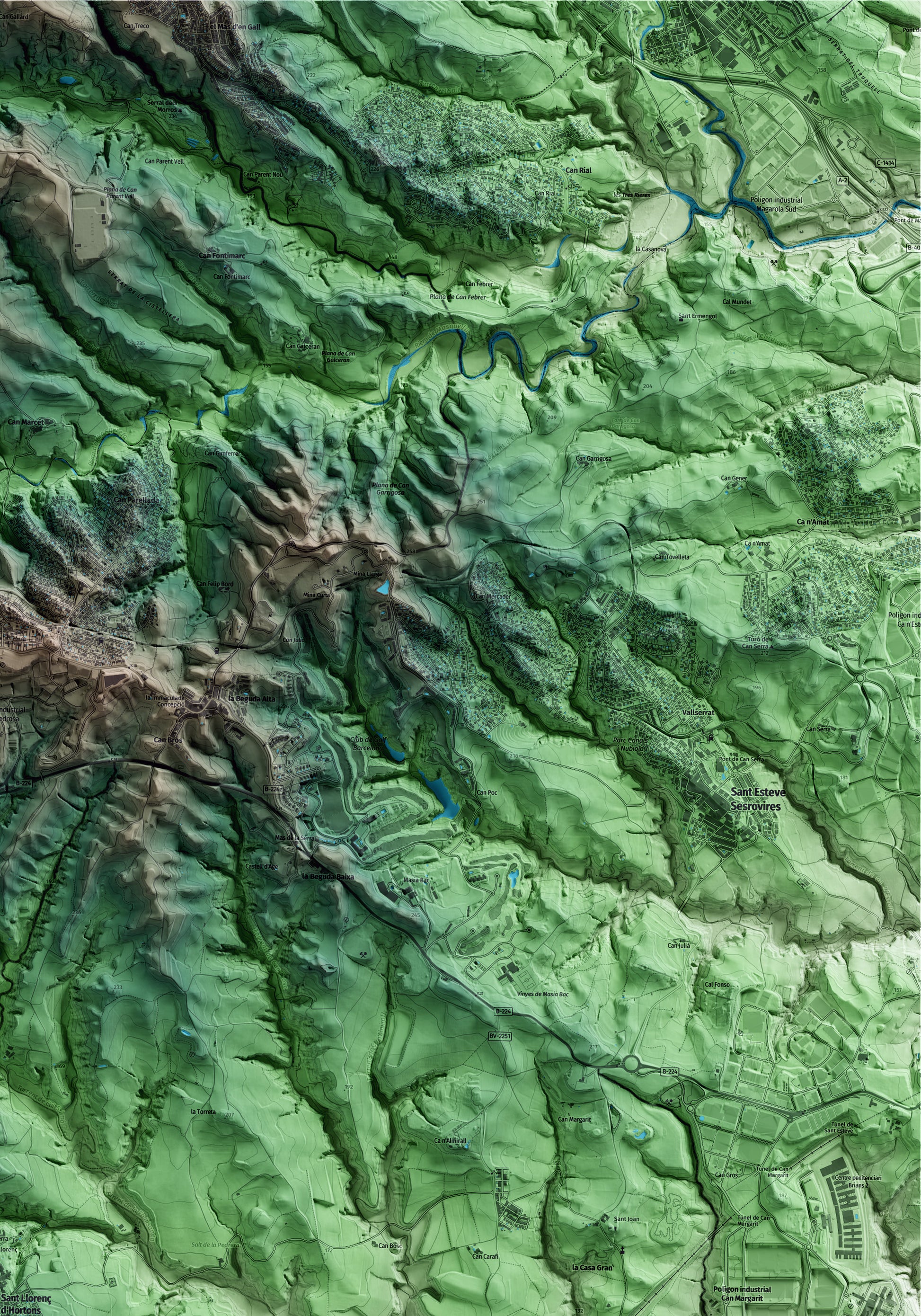 Mapa artístico del relieve de Sant Llorenç d'Hortons, al Alt Penedès, con 15 km de entorno y base topográfica ICGC. Detalle de la zona superior derecha.