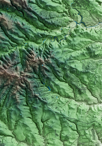 Mapa artístico del relieve de Sant Llorenç d'Hortons, al Alt Penedès, con 15 km de entorno y base topográfica ICGC. Detalle de la zona superior derecha.