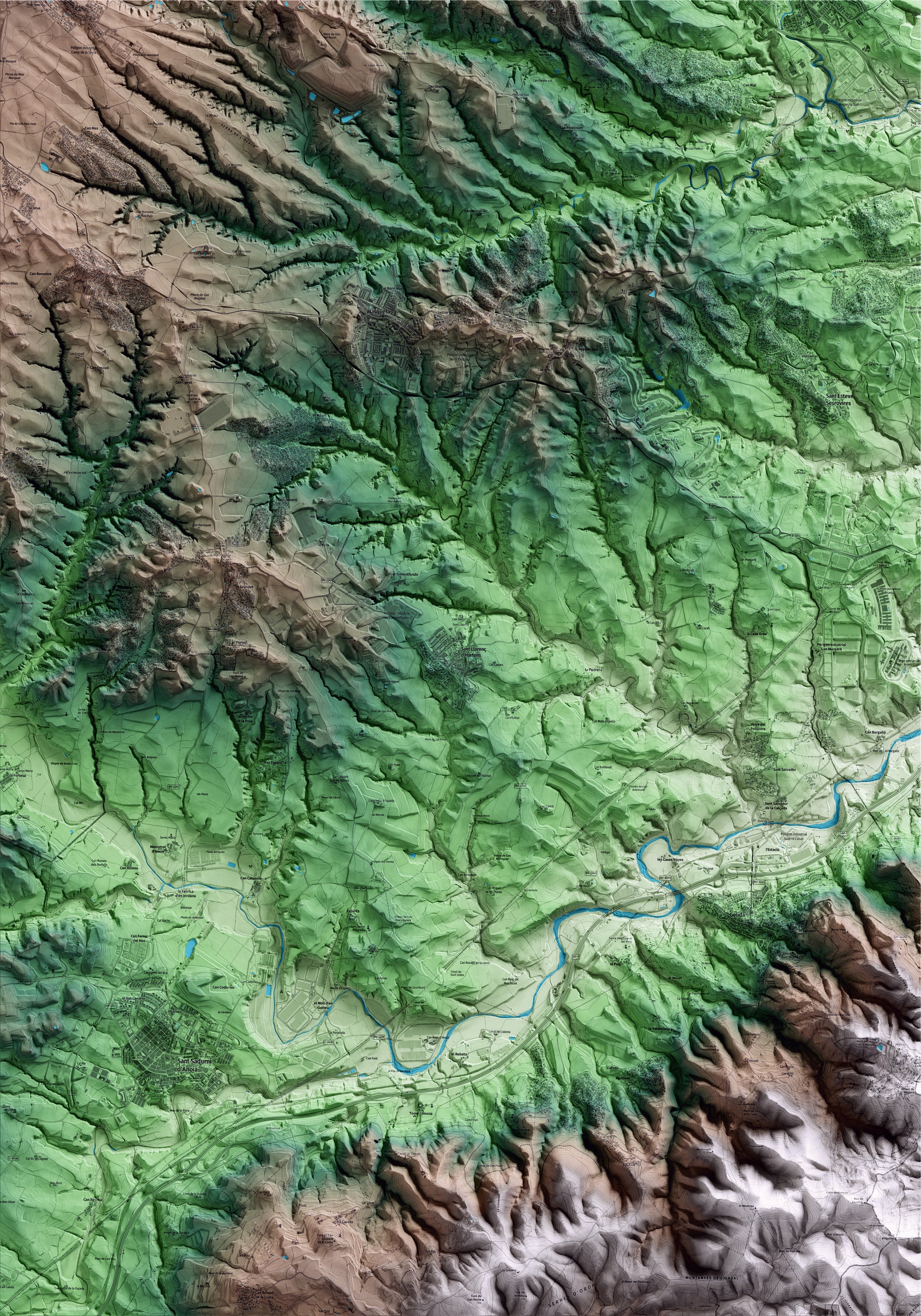 Mapa artístico del relieve de Sant Llorenç d'Hortons, al Alt Penedès, con 15 km de entorno y base topográfica ICGC