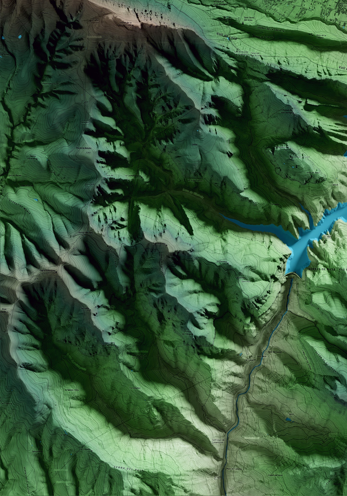 Mapa artístico del relieve de Sant Llorenç de Morunys, al Solsonès, con 15 km de entorno y base topográfica ICGC. Detalle de la zona inferior izquierda.