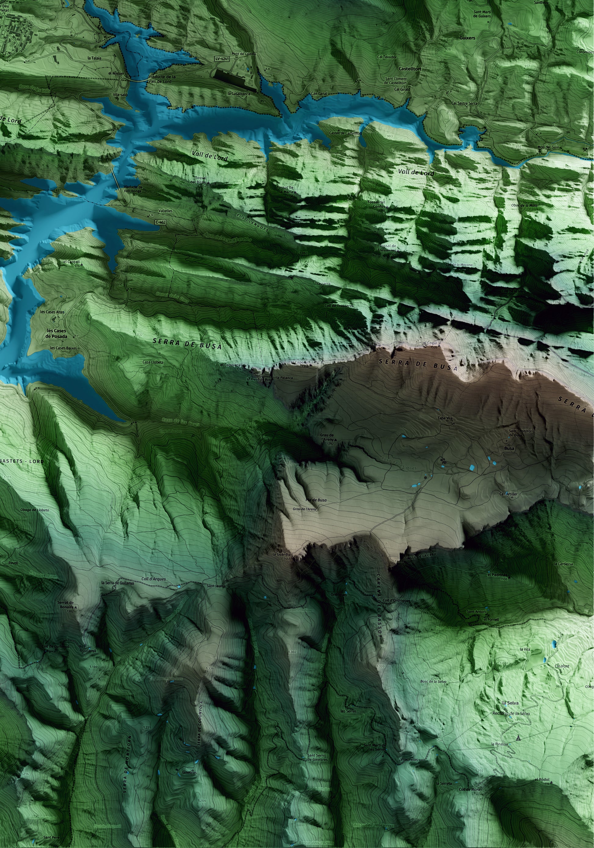 Mapa artístico del relieve de Sant Llorenç de Morunys, al Solsonès, con 15 km de entorno y base topográfica ICGC. Detalle de la zona inferior derecha.