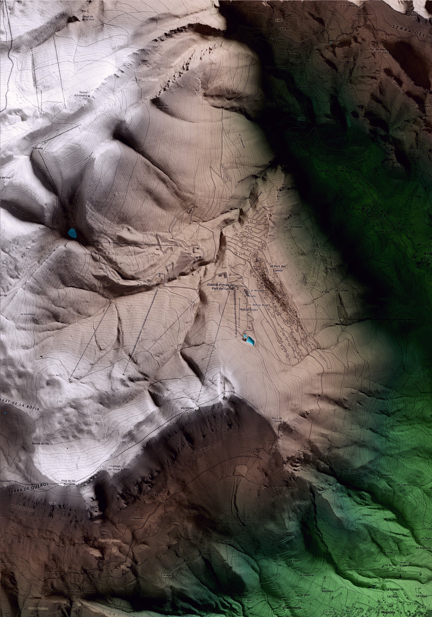Mapa artístico del relieve de Sant Llorenç de Morunys, al Solsonès, con 15 km de entorno y base topográfica ICGC. Detalle de la zona superior izquierda.