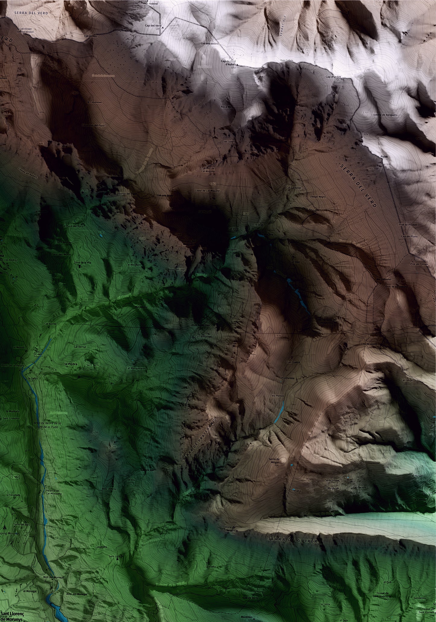 Mapa artístico del relieve de Sant Llorenç de Morunys, al Solsonès, con 15 km de entorno y base topográfica ICGC. Detalle de la zona superior derecha.