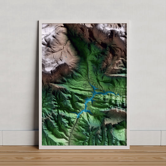 Mapa artístico del relieve de Sant Llorenç de Morunys, al Solsonès, con 15 km de entorno y base topográfica ICGC. Presentación enmarcada.