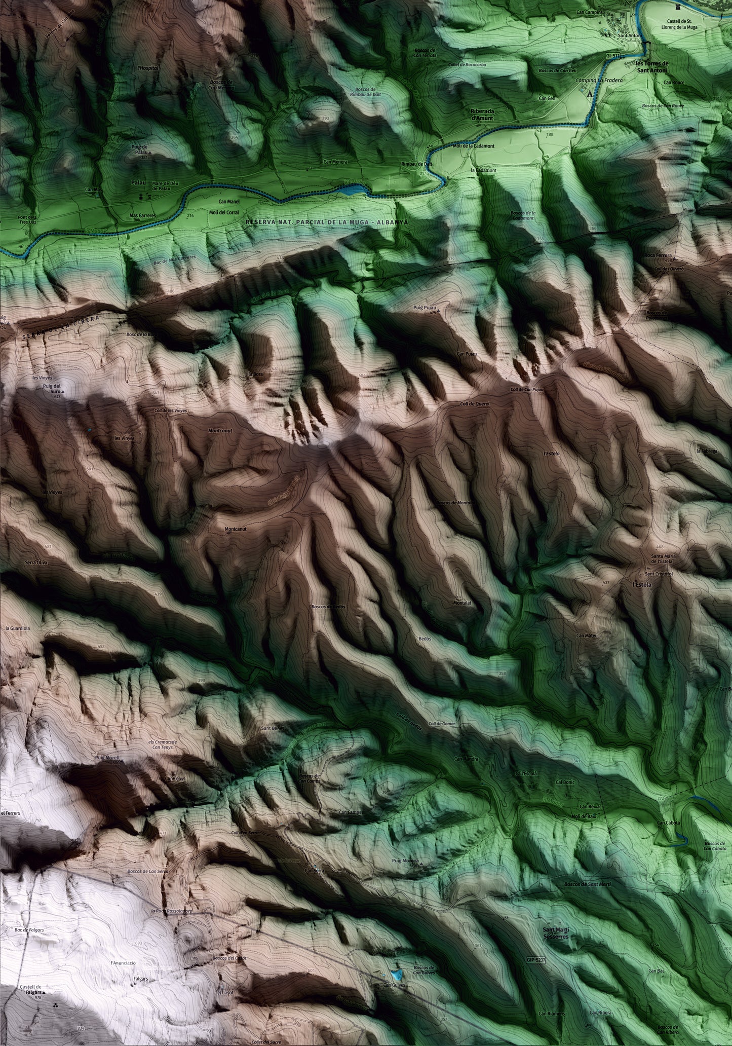 Mapa artístico del relieve de Sant Llorenç de la Muga, al Alt Empordà, con 15 km de entorno y base topográfica ICGC. Detalle de la zona inferior izquierda.