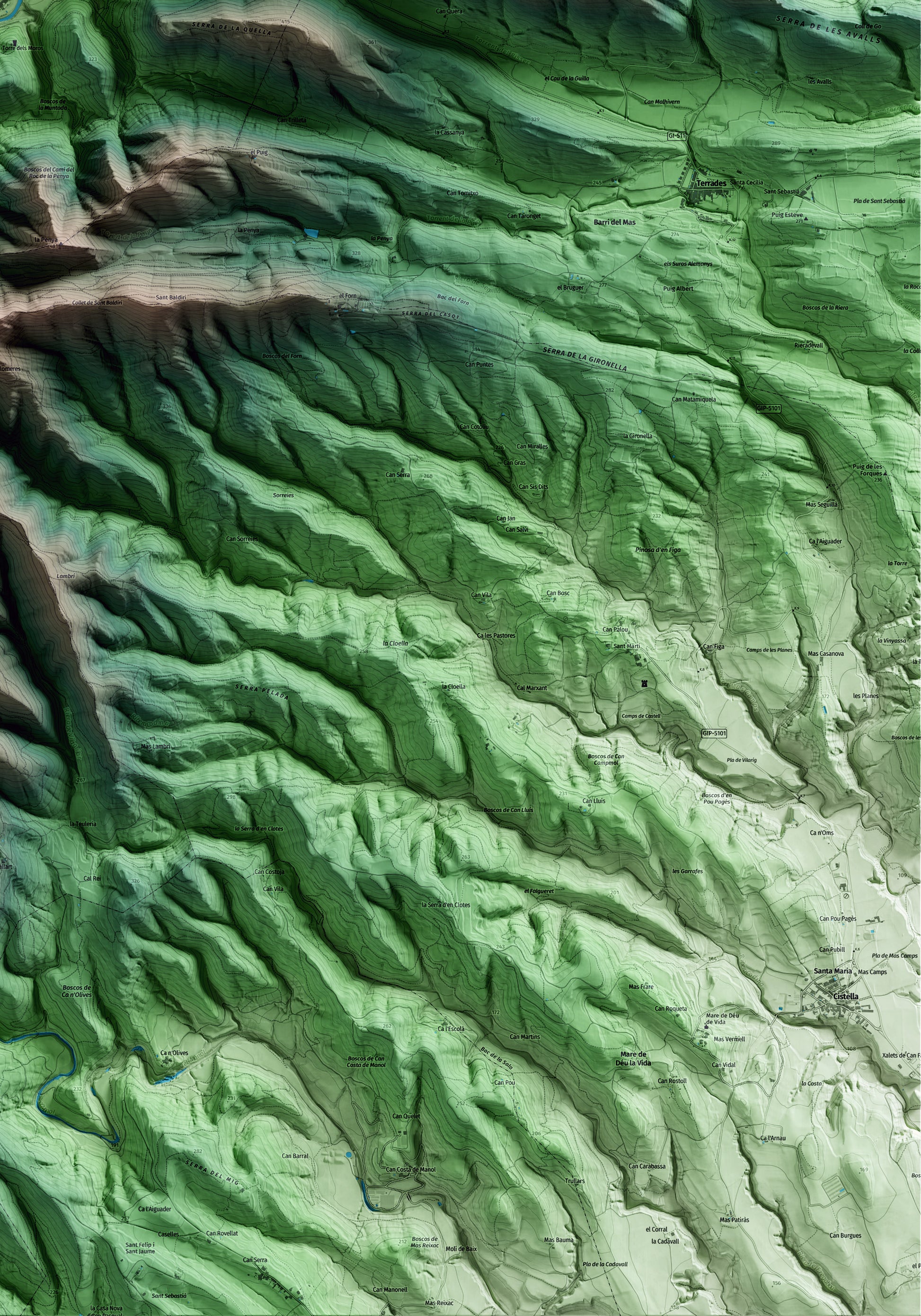Mapa artístico del relieve de Sant Llorenç de la Muga, al Alt Empordà, con 15 km de entorno y base topográfica ICGC. Detalle de la zona inferior derecha.