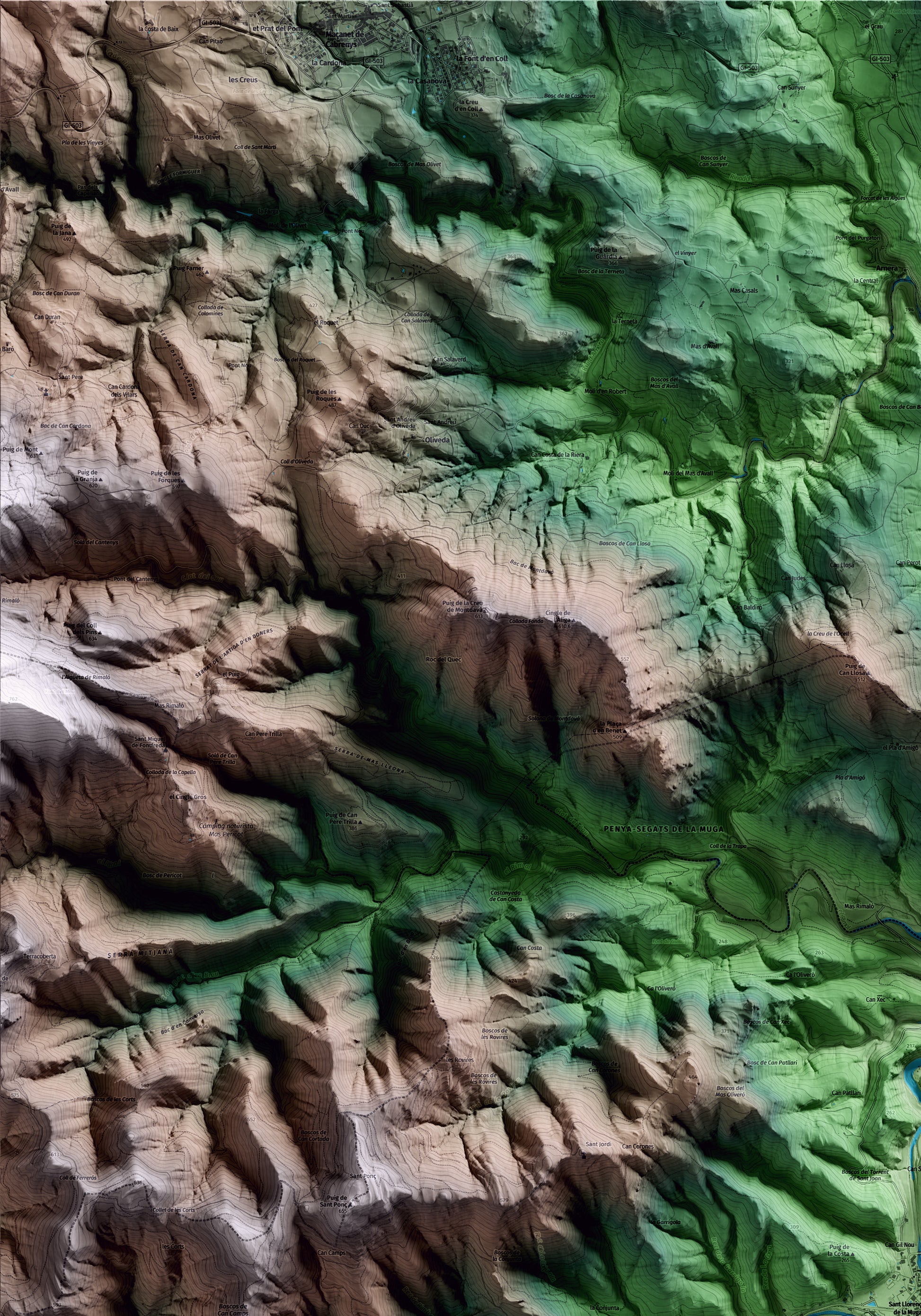 Mapa artístico del relieve de Sant Llorenç de la Muga, al Alt Empordà, con 15 km de entorno y base topográfica ICGC. Detalle de la zona superior izquierda.